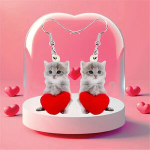 Kitten Holding Red Plush Heart Acrylic Hook Dangle Earrings